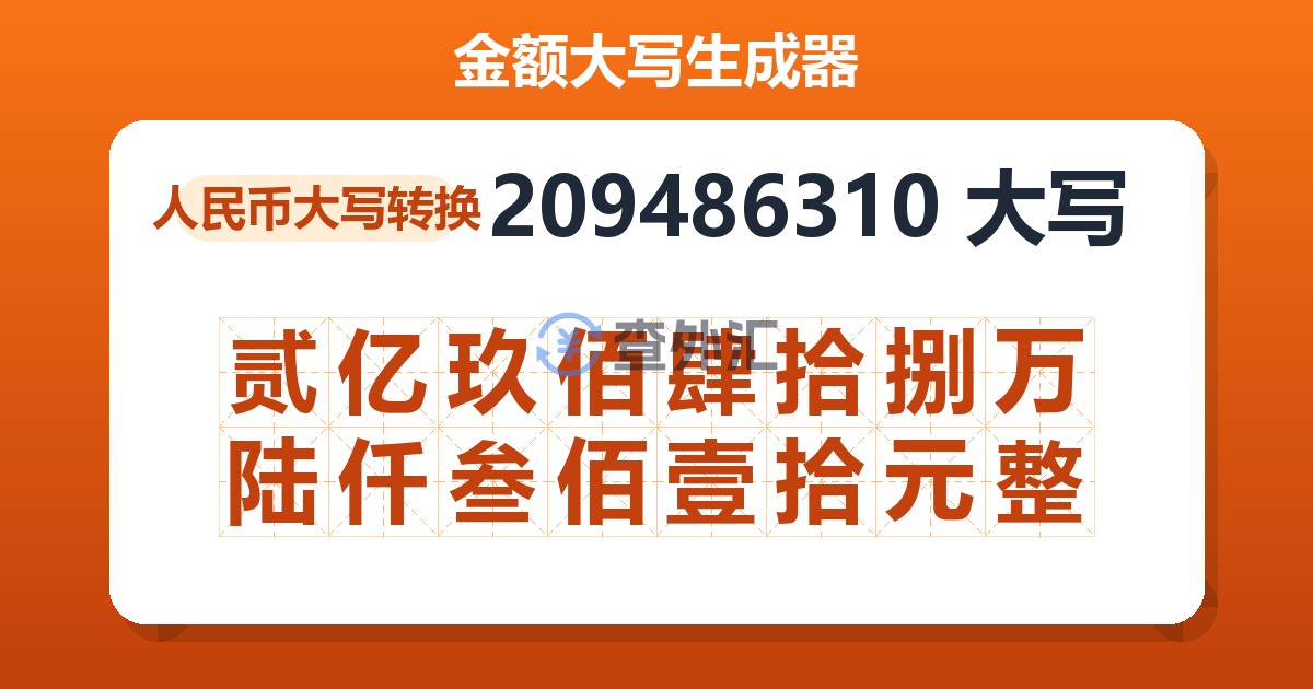 209486310大写 贰亿玖佰肆拾捌万陆仟叁佰壹拾元整
