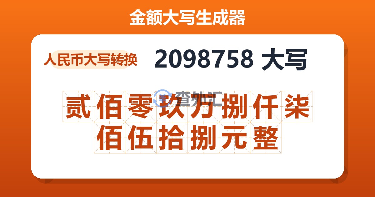 2098758大写 贰佰零玖万捌仟柒佰伍拾捌元整