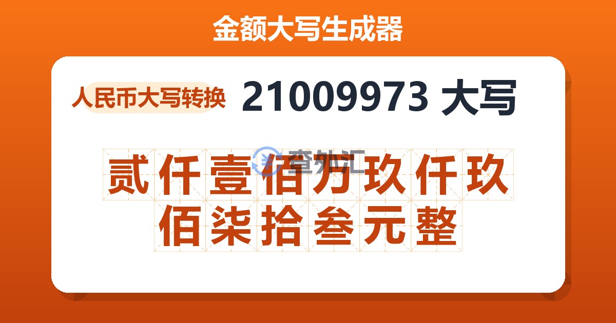 21009973大写 贰仟壹佰万玖仟玖佰柒拾叁元整