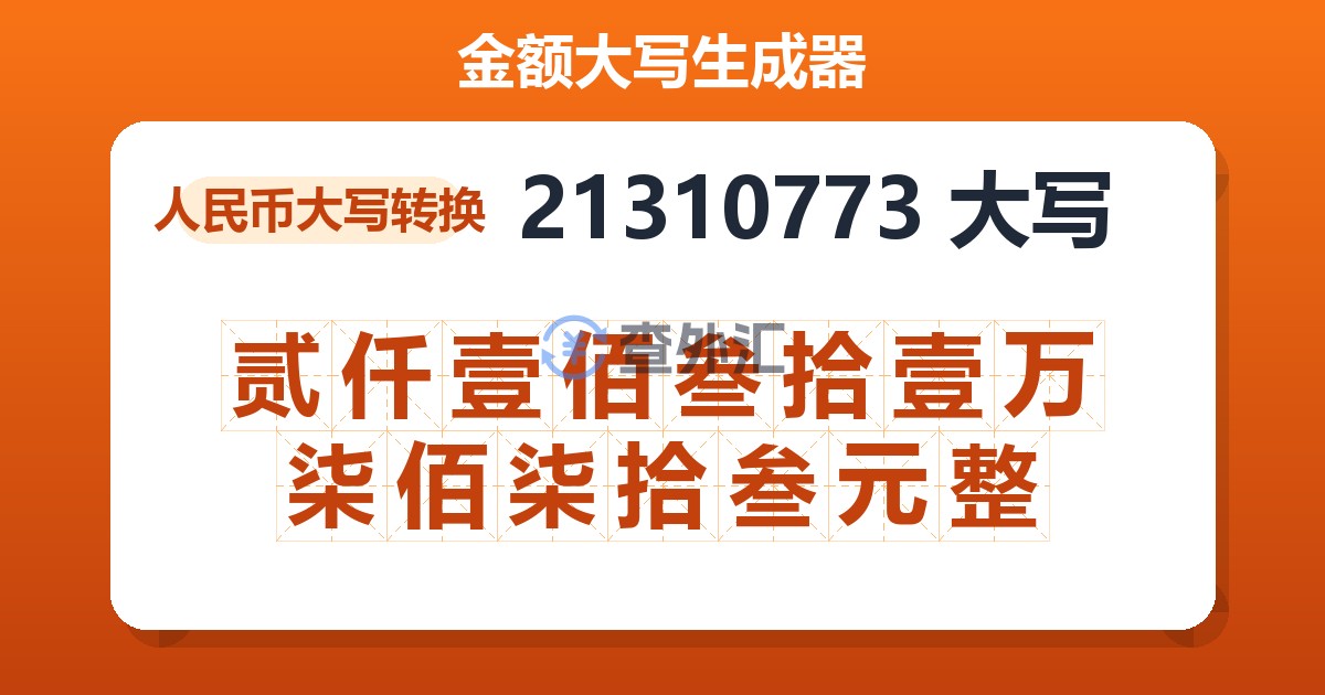 21310773大写 贰仟壹佰叁拾壹万柒佰柒拾叁元整