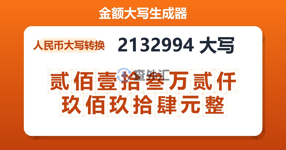 2132994大写 贰佰壹拾叁万贰仟玖佰玖拾肆元整