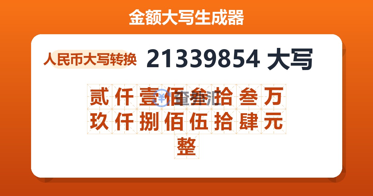 21339854大写 贰仟壹佰叁拾叁万玖仟捌佰伍拾肆元整