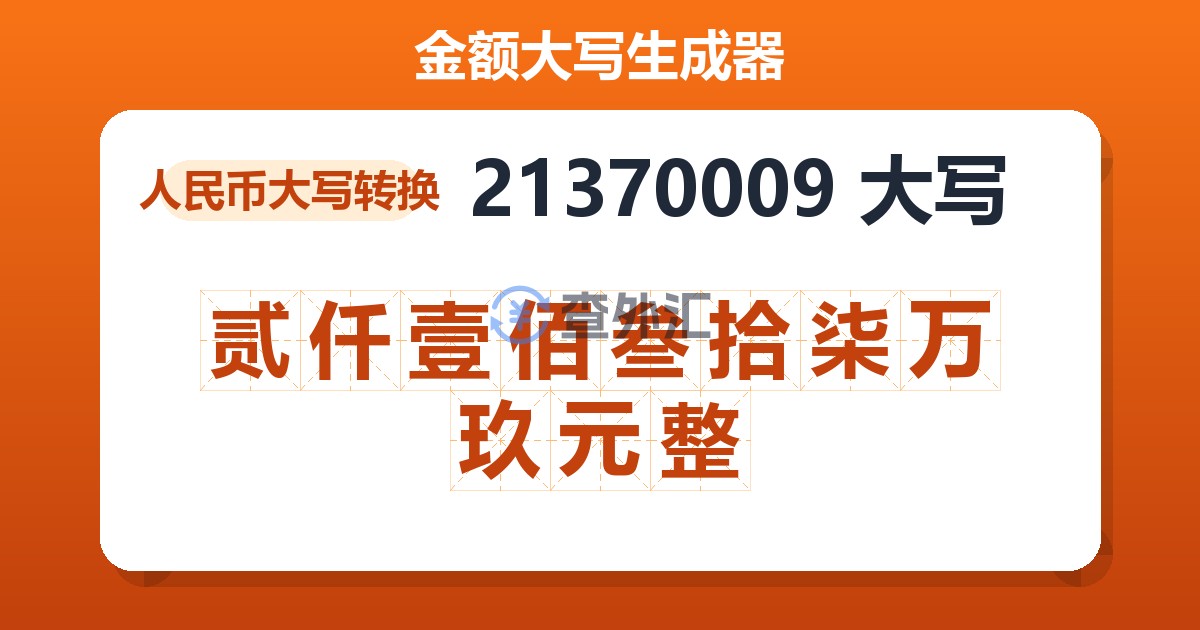 21370009大写 贰仟壹佰叁拾柒万玖元整