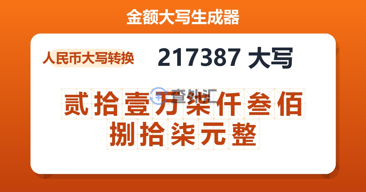 217387大写 贰拾壹万柒仟叁佰捌拾柒元整