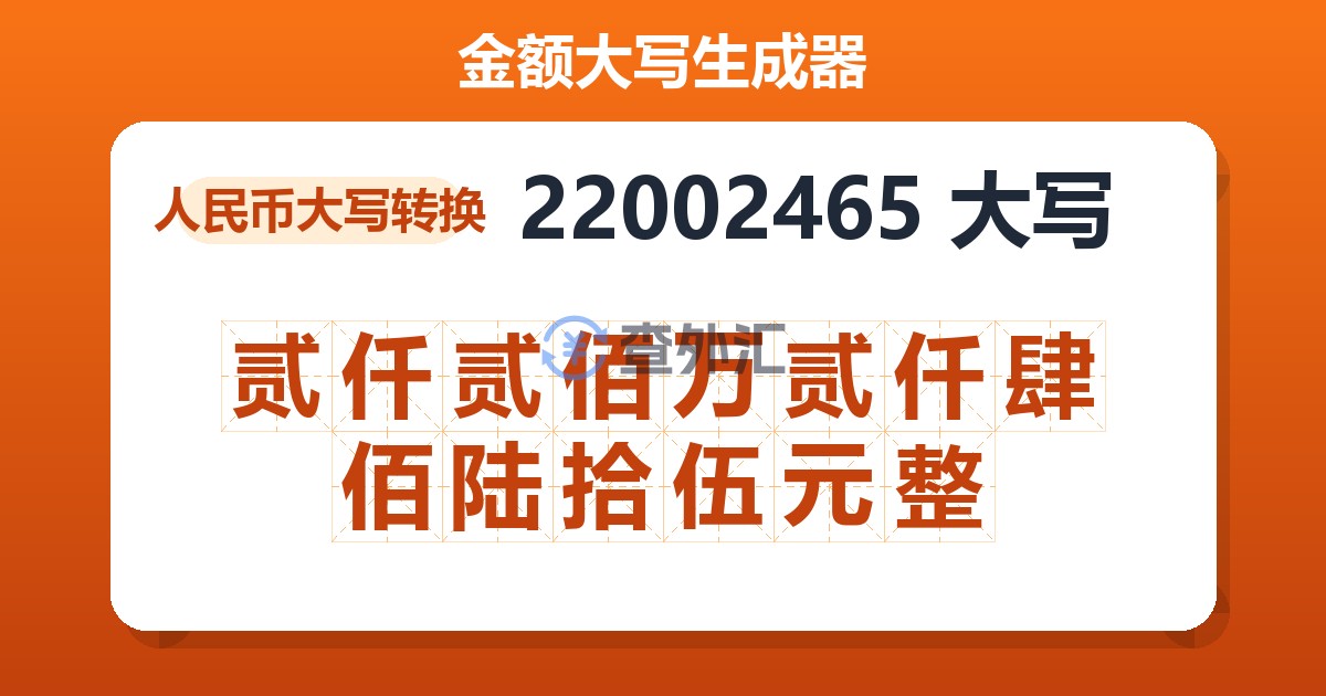 22002465大写 贰仟贰佰万贰仟肆佰陆拾伍元整