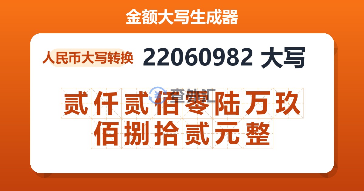 22060982大写 贰仟贰佰零陆万玖佰捌拾贰元整