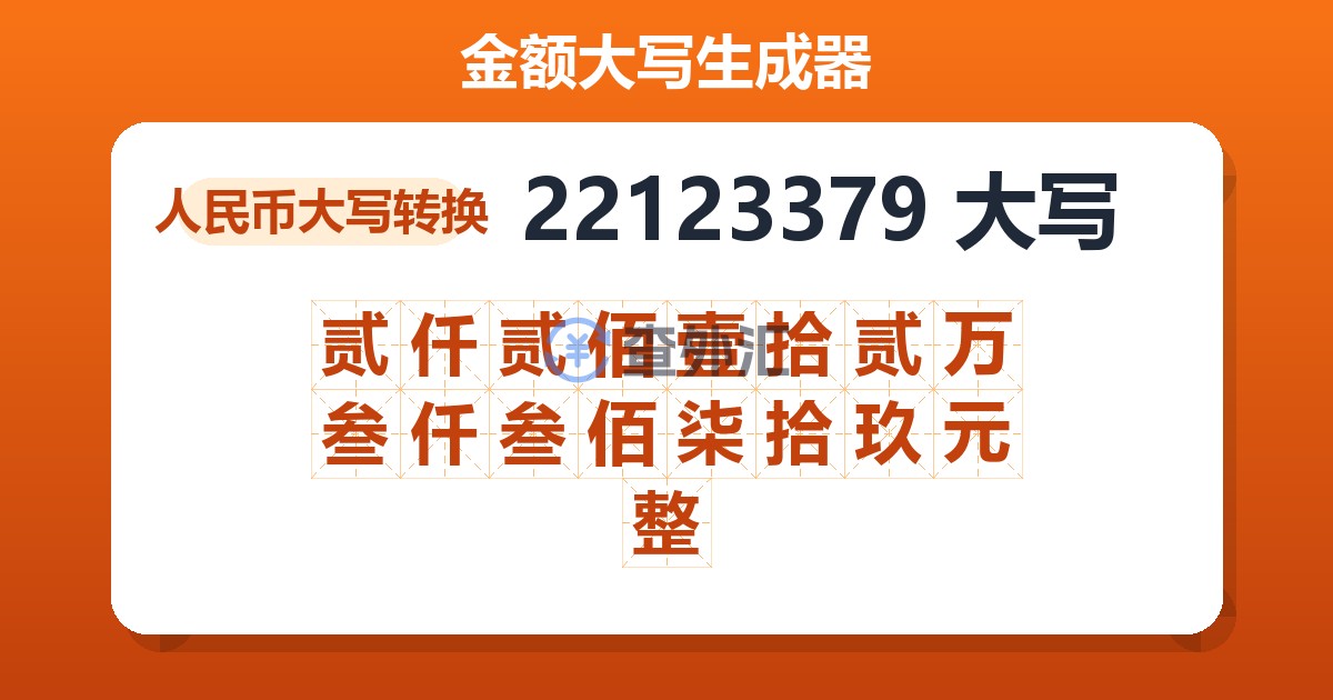 22123379大写 贰仟贰佰壹拾贰万叁仟叁佰柒拾玖元整