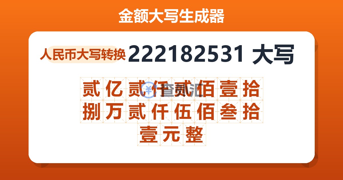 222182531大写 贰亿贰仟贰佰壹拾捌万贰仟伍佰叁拾壹元整