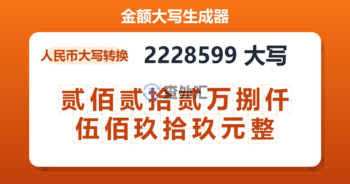 2228599大写 贰佰贰拾贰万捌仟伍佰玖拾玖元整