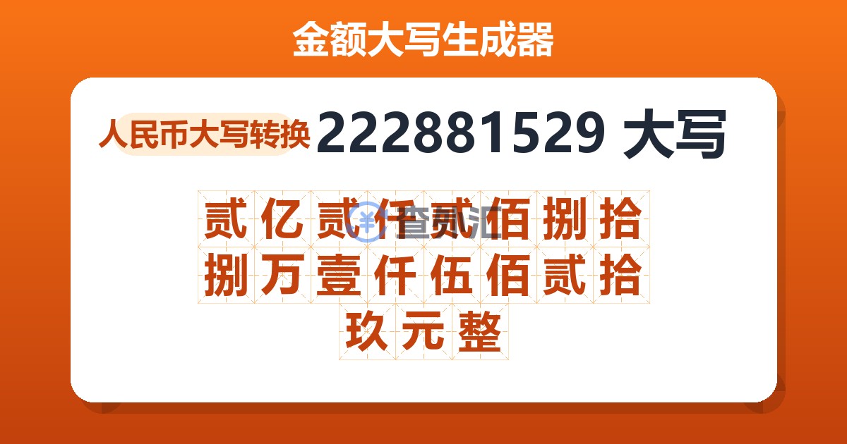 222881529大写 贰亿贰仟贰佰捌拾捌万壹仟伍佰贰拾玖元整