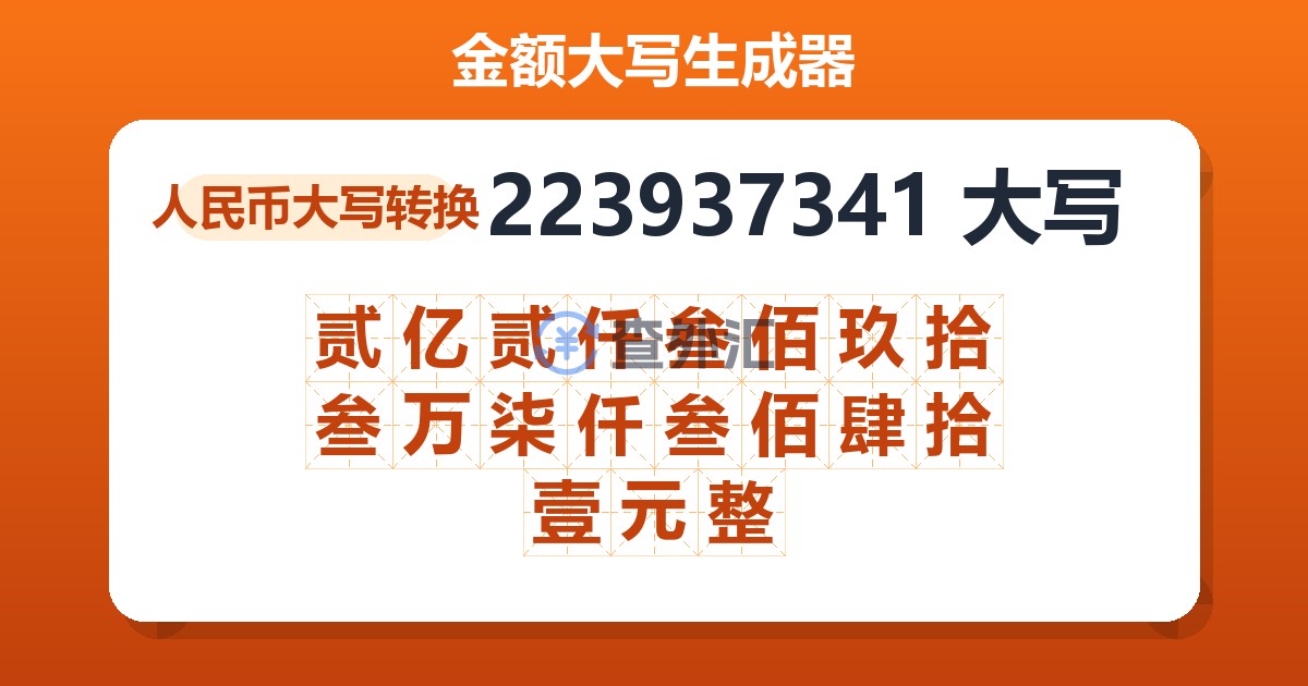 223937341大写 贰亿贰仟叁佰玖拾叁万柒仟叁佰肆拾壹元整