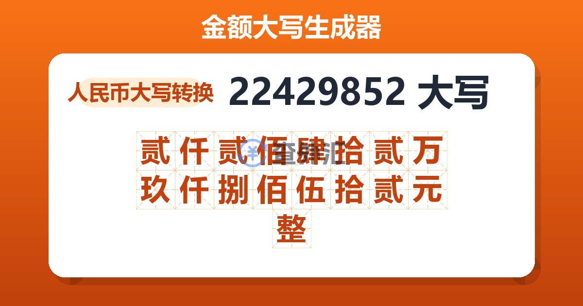 22429852大写 贰仟贰佰肆拾贰万玖仟捌佰伍拾贰元整