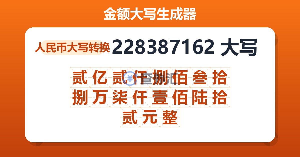 228387162大写 贰亿贰仟捌佰叁拾捌万柒仟壹佰陆拾贰元整
