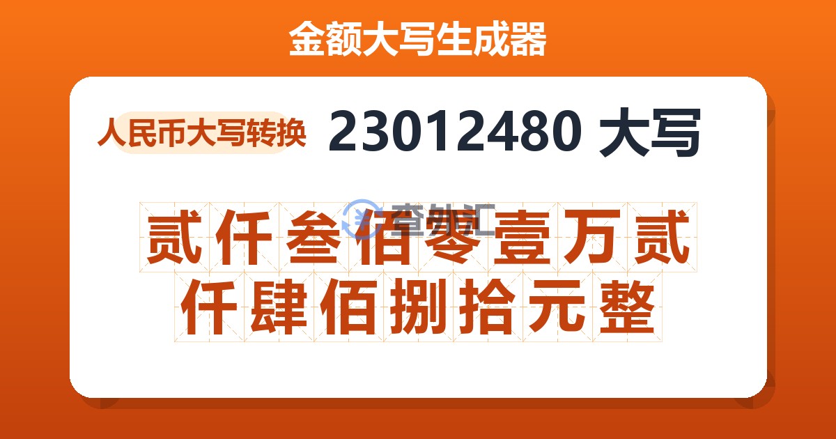 23012480大写 贰仟叁佰零壹万贰仟肆佰捌拾元整