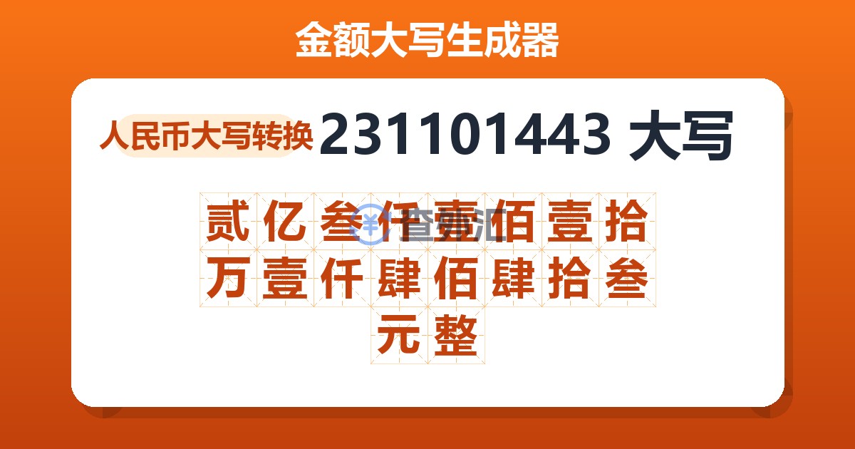 231101443大写 贰亿叁仟壹佰壹拾万壹仟肆佰肆拾叁元整