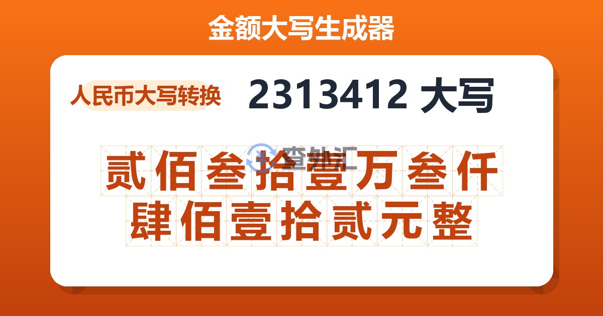2313412大写 贰佰叁拾壹万叁仟肆佰壹拾贰元整