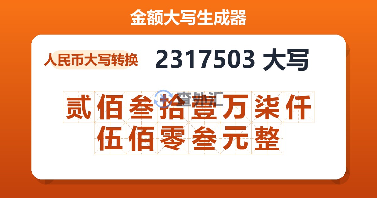 2317503大写 贰佰叁拾壹万柒仟伍佰零叁元整