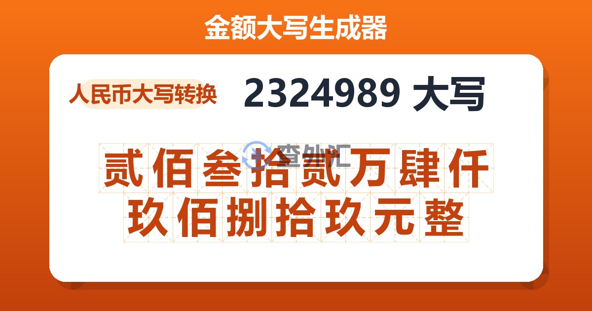 2324989大写 贰佰叁拾贰万肆仟玖佰捌拾玖元整