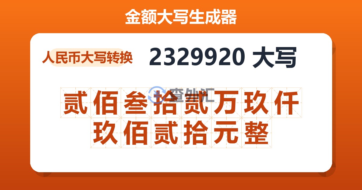 2329920大写 贰佰叁拾贰万玖仟玖佰贰拾元整