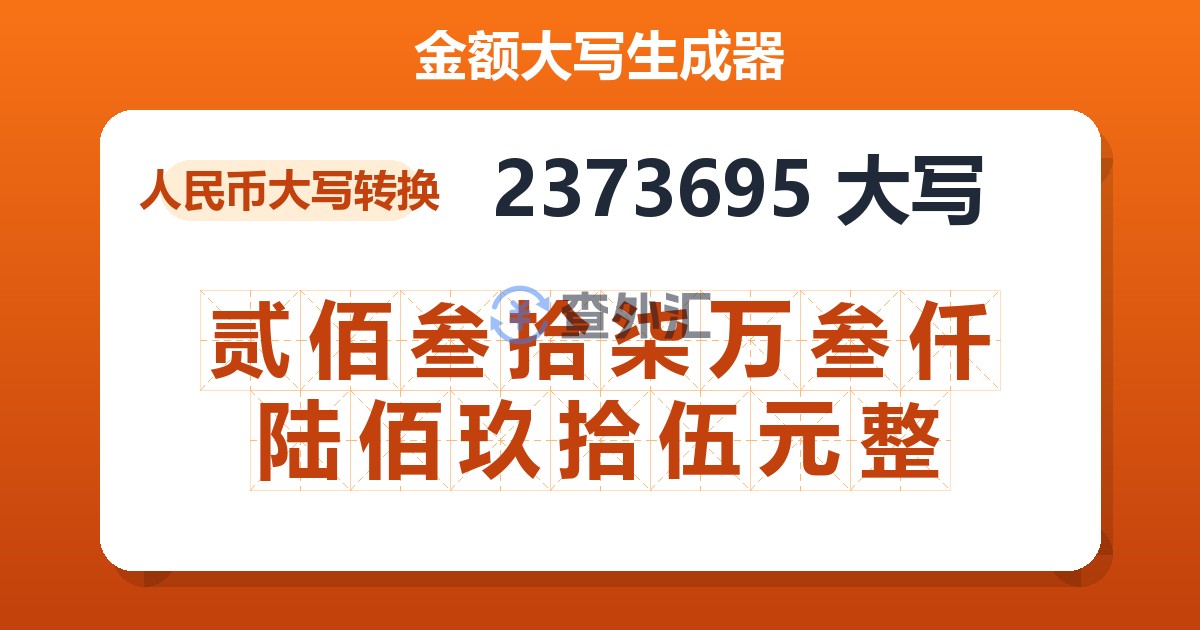 2373695大写 贰佰叁拾柒万叁仟陆佰玖拾伍元整