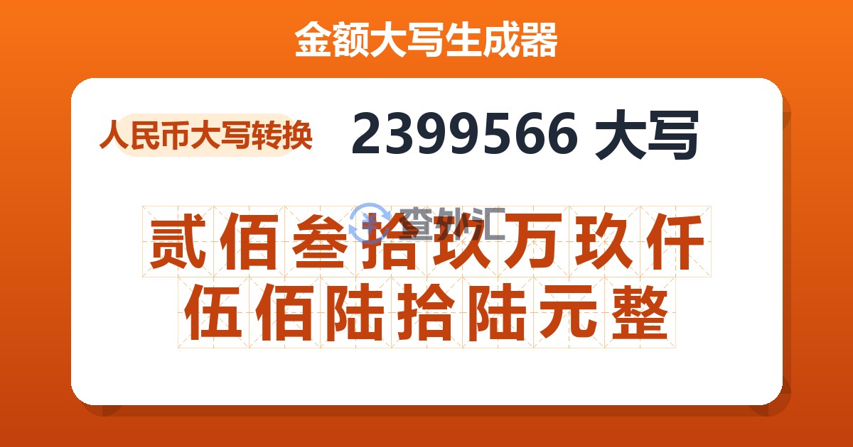 2399566大写 贰佰叁拾玖万玖仟伍佰陆拾陆元整