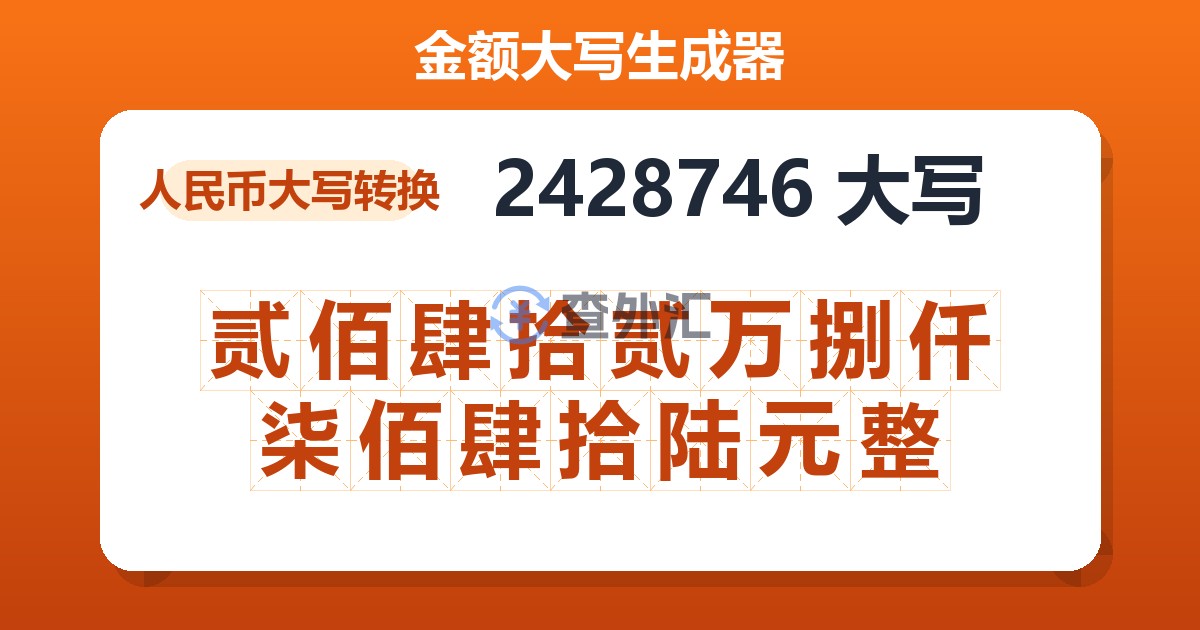 2428746大写 贰佰肆拾贰万捌仟柒佰肆拾陆元整