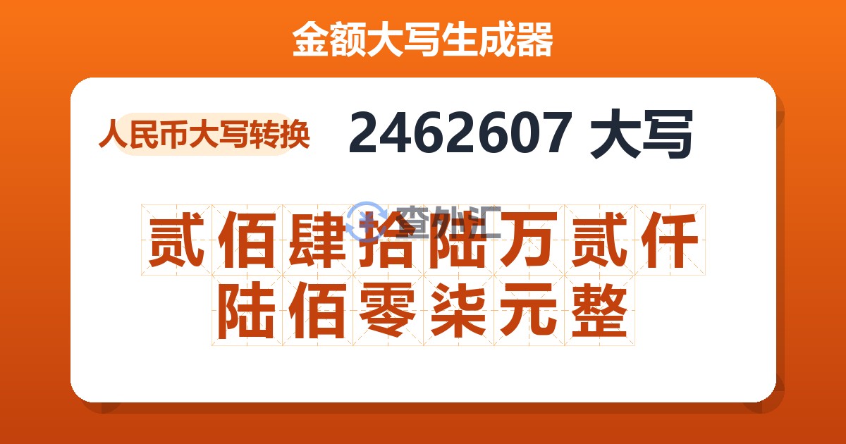 2462607大写 贰佰肆拾陆万贰仟陆佰零柒元整