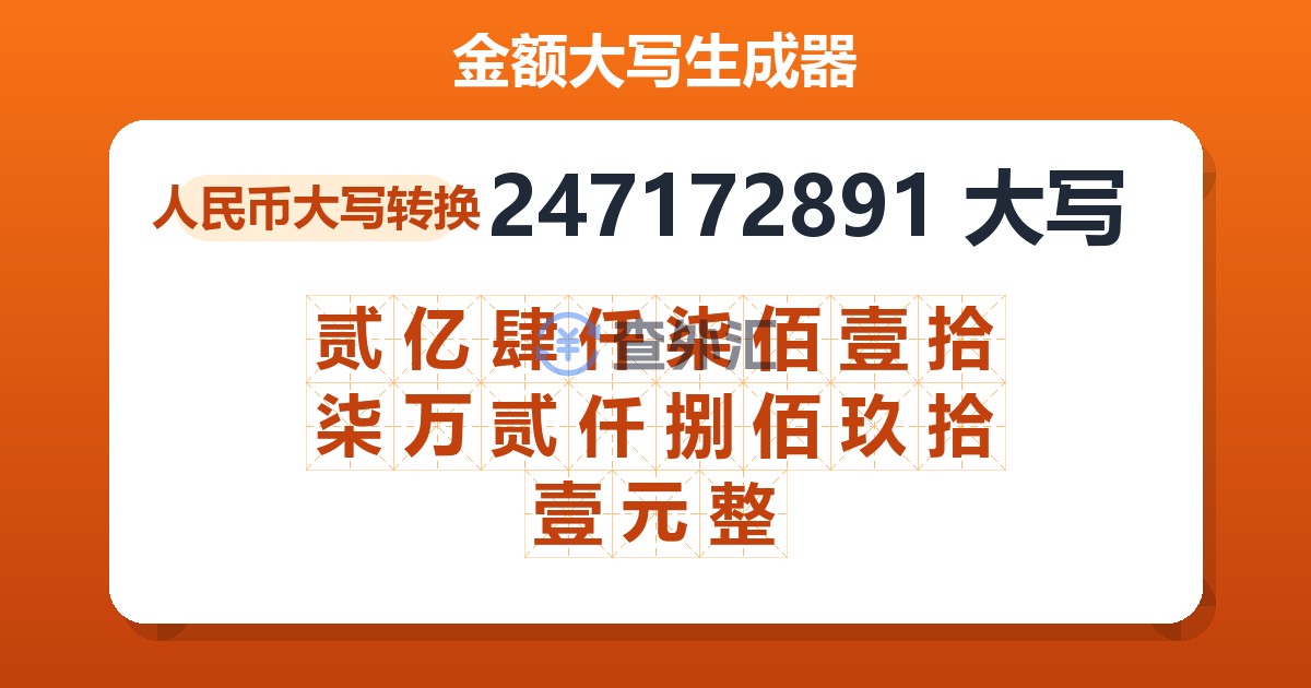 247172891大写 贰亿肆仟柒佰壹拾柒万贰仟捌佰玖拾壹元整