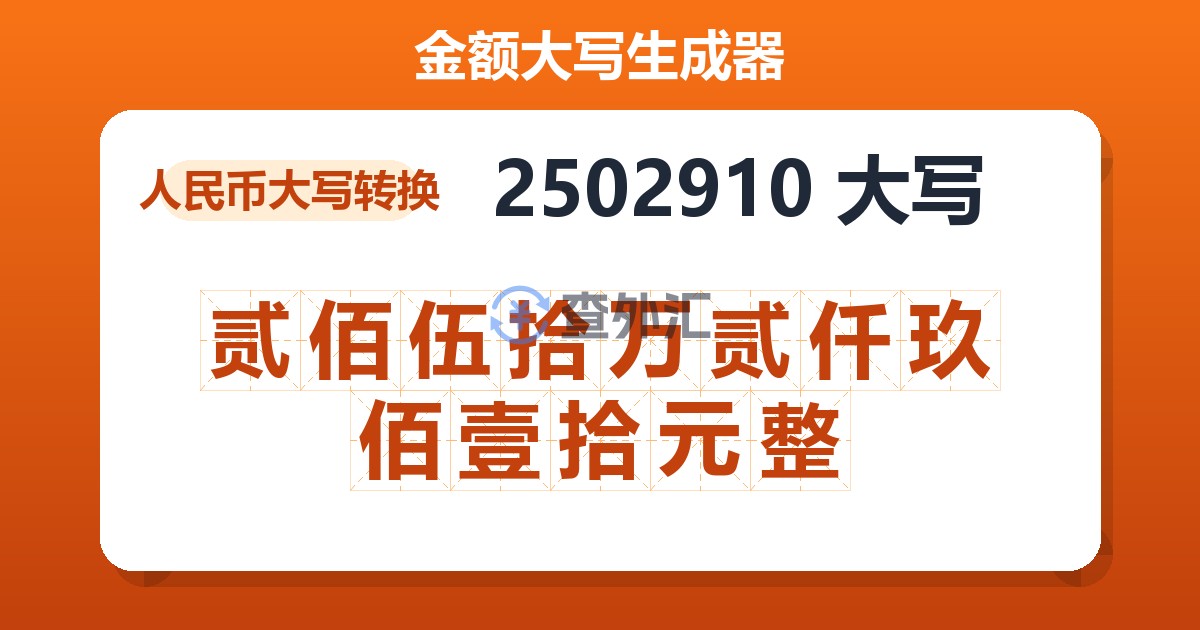 2502910大写 贰佰伍拾万贰仟玖佰壹拾元整