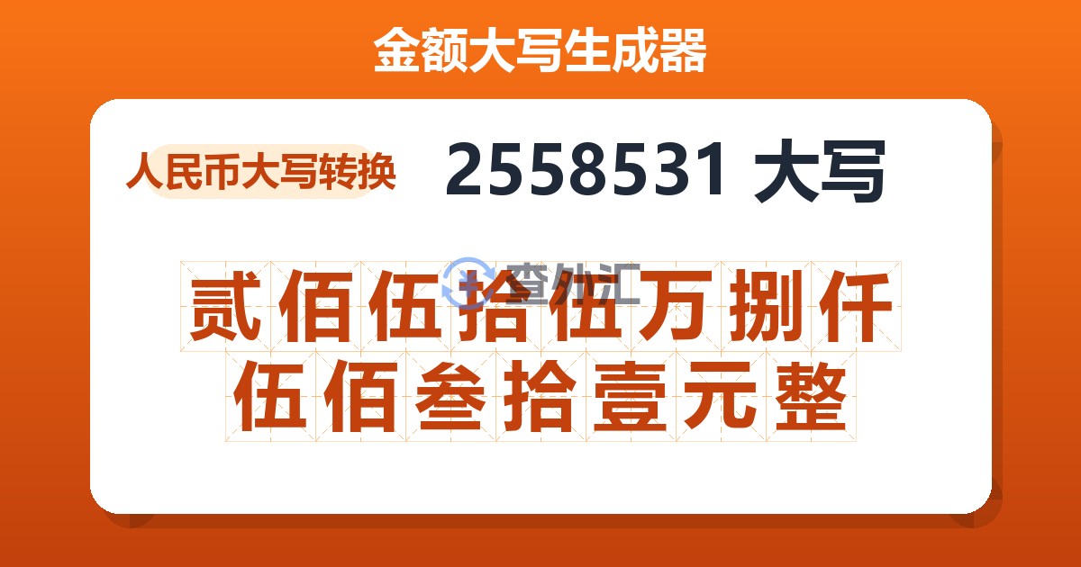 2558531大写 贰佰伍拾伍万捌仟伍佰叁拾壹元整
