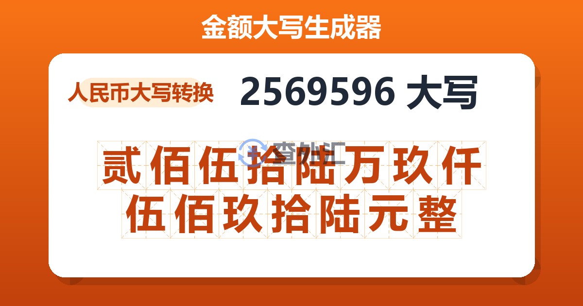 2569596大写 贰佰伍拾陆万玖仟伍佰玖拾陆元整