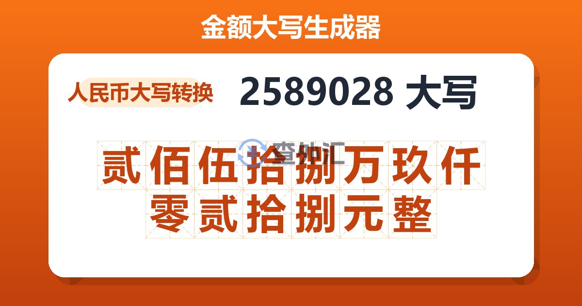 2589028大写 贰佰伍拾捌万玖仟零贰拾捌元整