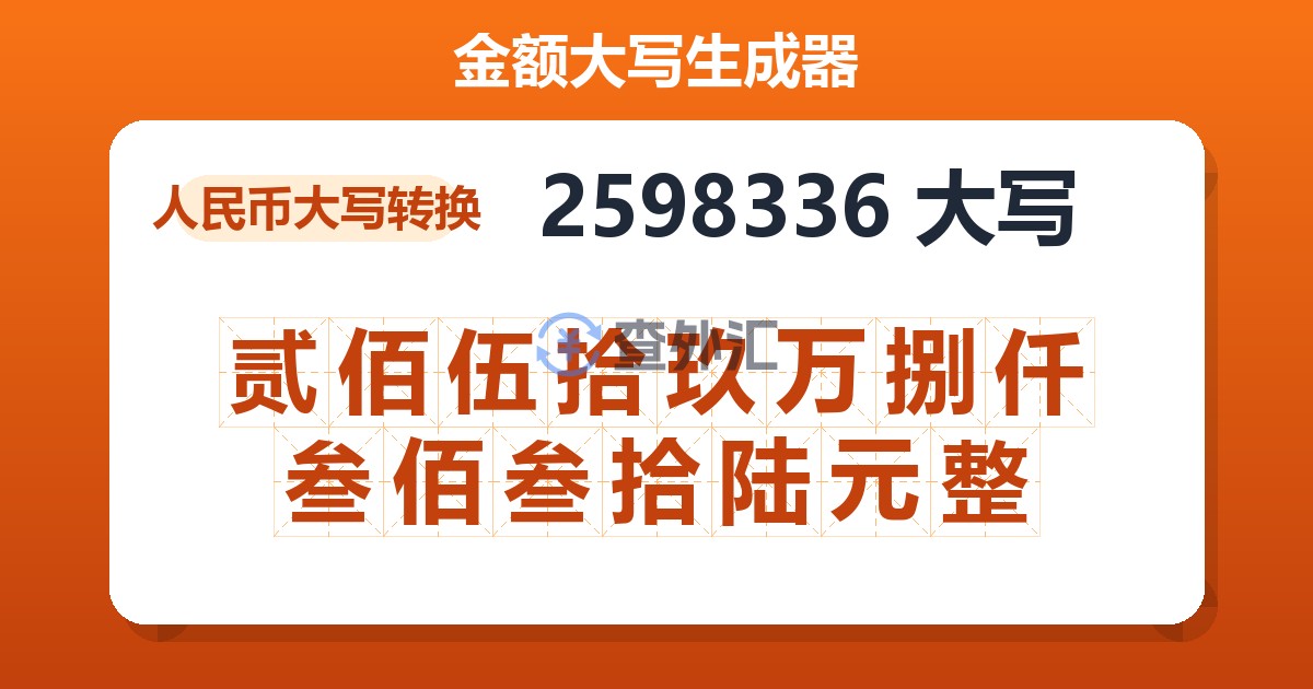 2598336大写 贰佰伍拾玖万捌仟叁佰叁拾陆元整