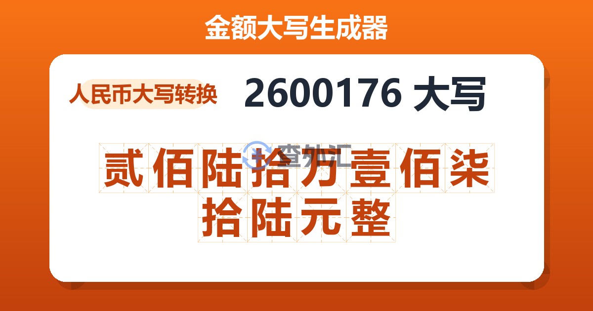 2600176大写 贰佰陆拾万壹佰柒拾陆元整