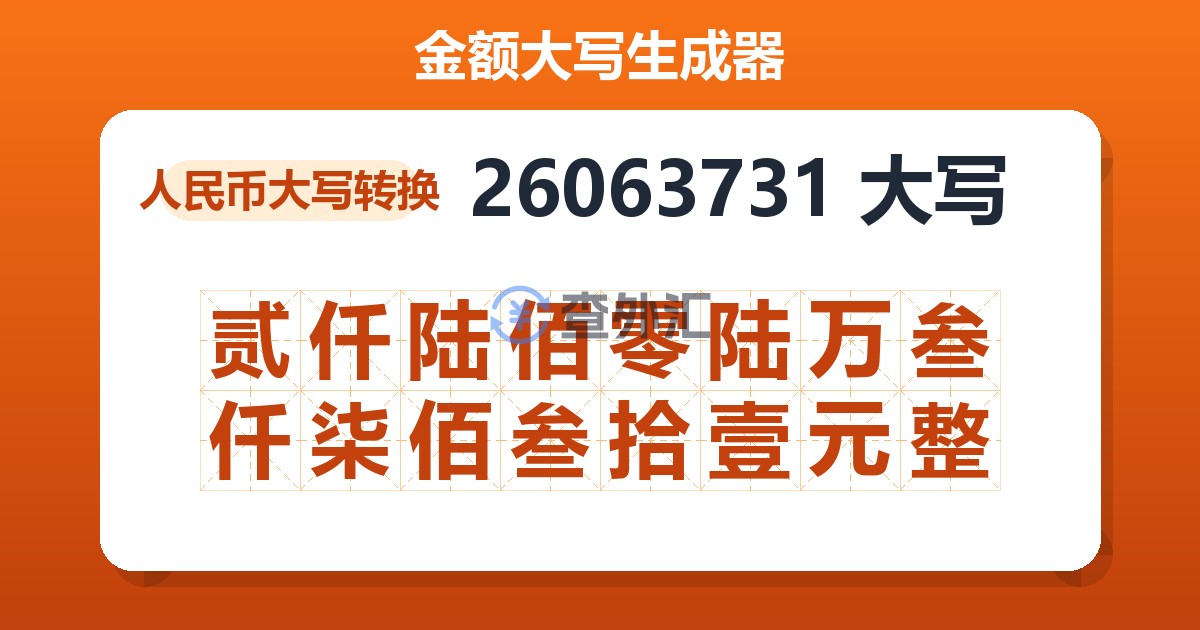 26063731大写 贰仟陆佰零陆万叁仟柒佰叁拾壹元整