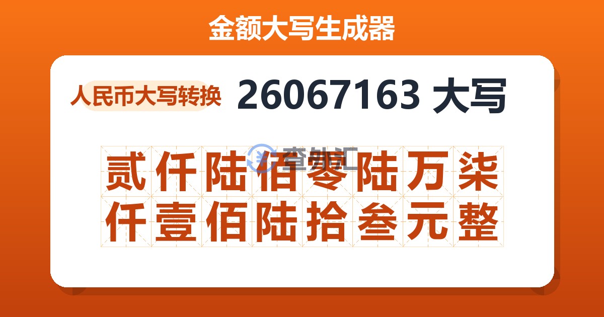 26067163大写 贰仟陆佰零陆万柒仟壹佰陆拾叁元整