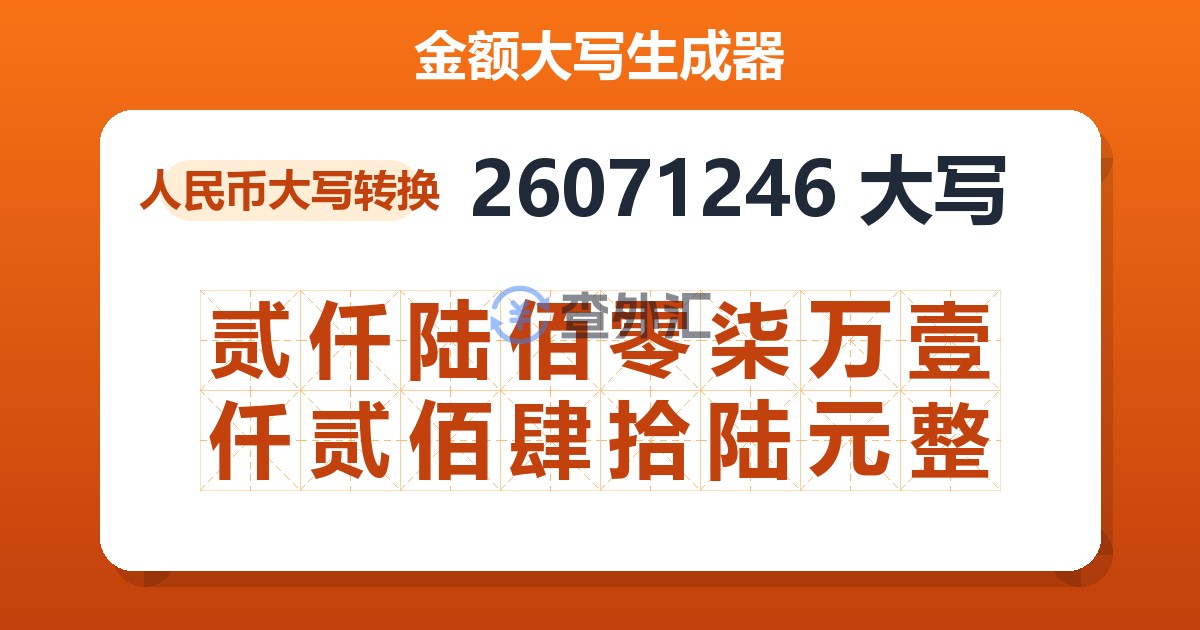 26071246大写 贰仟陆佰零柒万壹仟贰佰肆拾陆元整