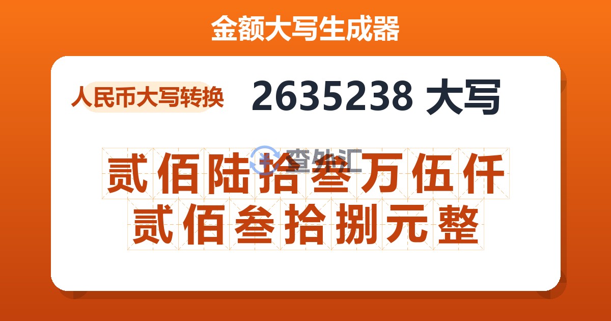 2635238大写 贰佰陆拾叁万伍仟贰佰叁拾捌元整