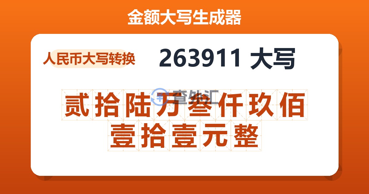 263911大写 贰拾陆万叁仟玖佰壹拾壹元整