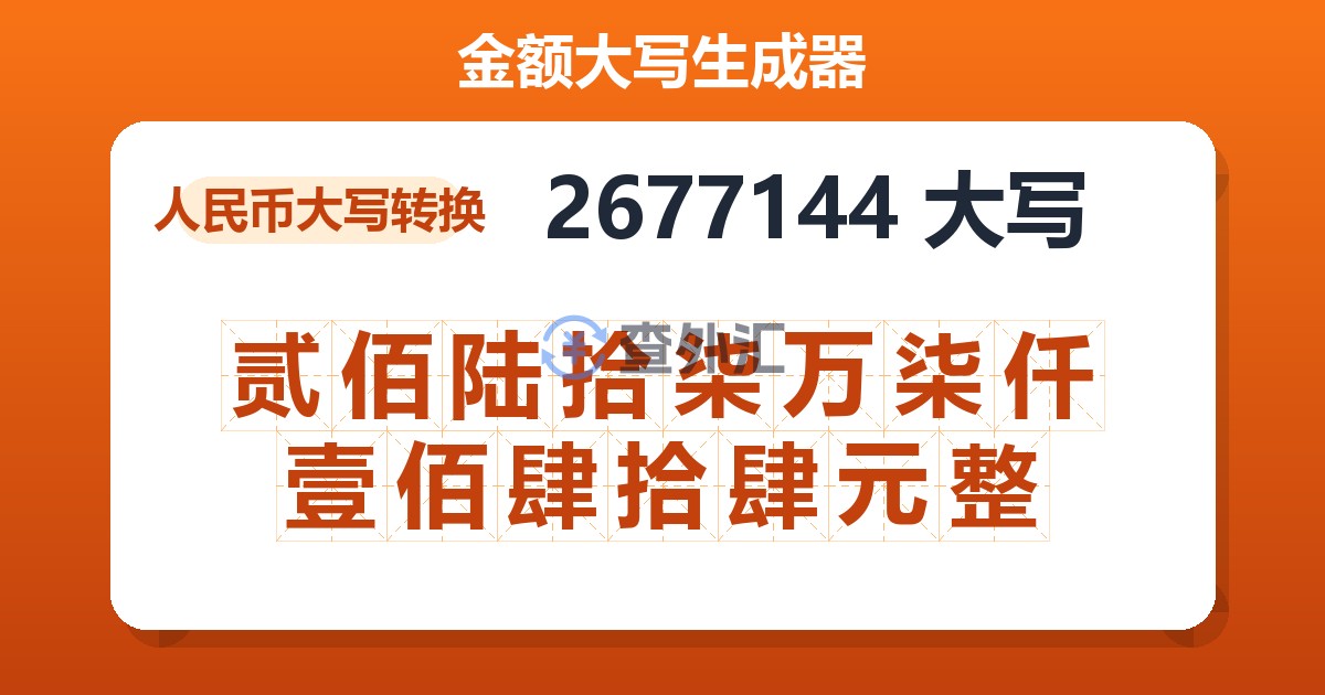 2677144大写 贰佰陆拾柒万柒仟壹佰肆拾肆元整