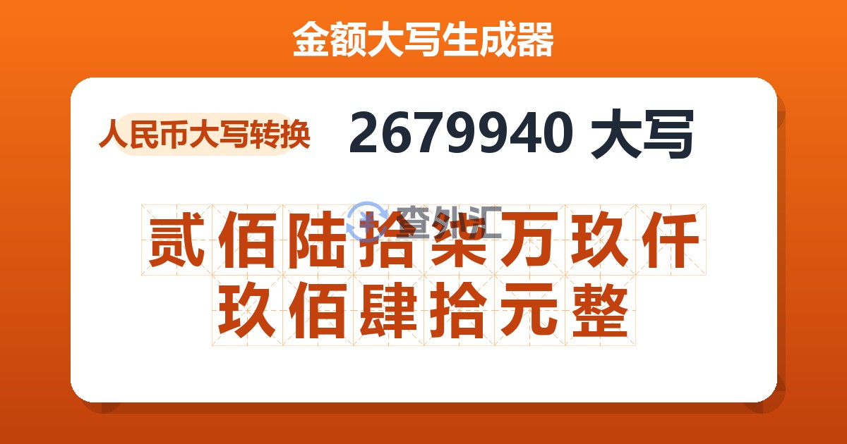 2679940大写 贰佰陆拾柒万玖仟玖佰肆拾元整