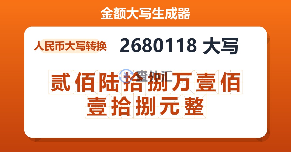 2680118大写 贰佰陆拾捌万壹佰壹拾捌元整