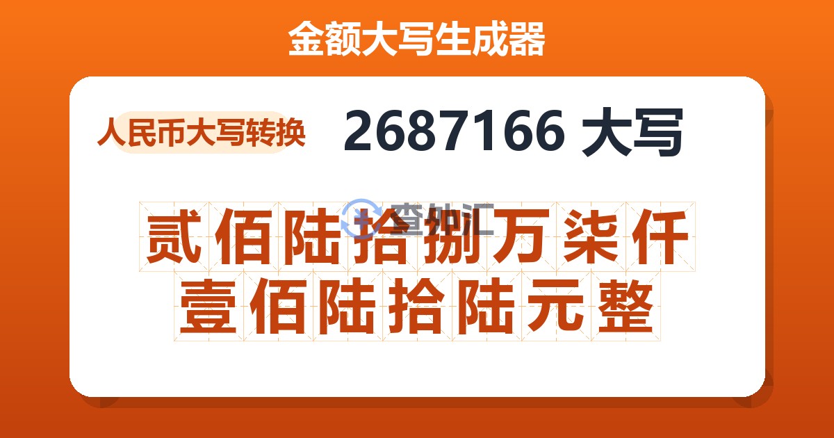 2687166大写 贰佰陆拾捌万柒仟壹佰陆拾陆元整