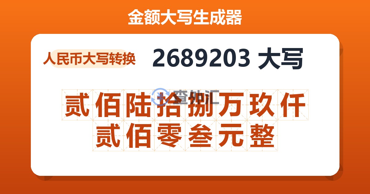 2689203大写 贰佰陆拾捌万玖仟贰佰零叁元整