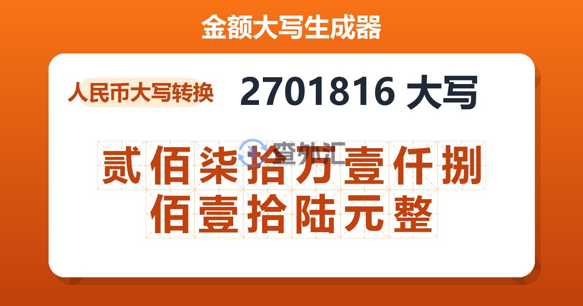 2701816大写 贰佰柒拾万壹仟捌佰壹拾陆元整