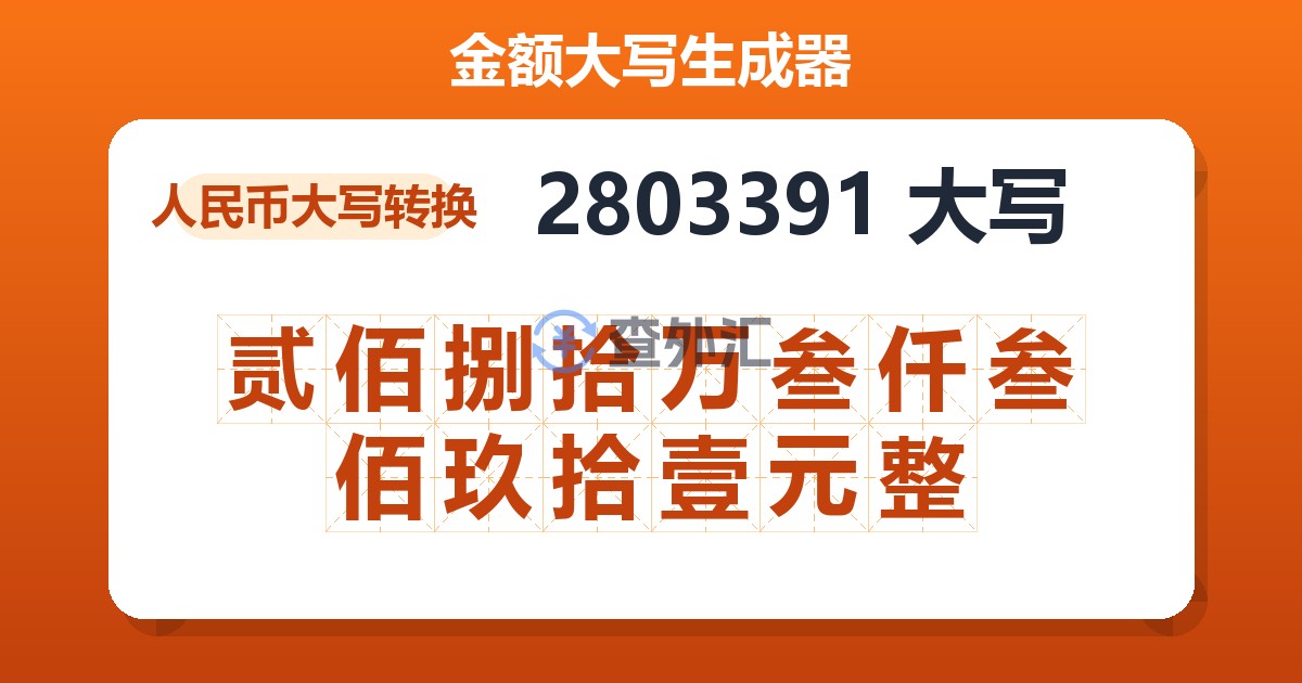 2803391大写 贰佰捌拾万叁仟叁佰玖拾壹元整