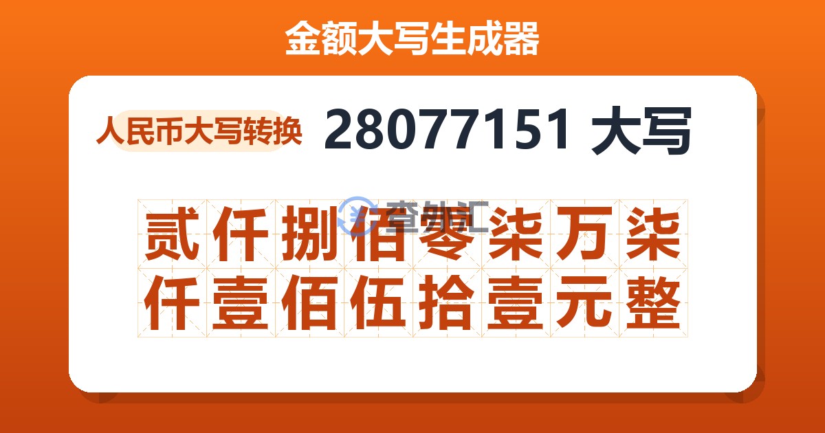 28077151大写 贰仟捌佰零柒万柒仟壹佰伍拾壹元整