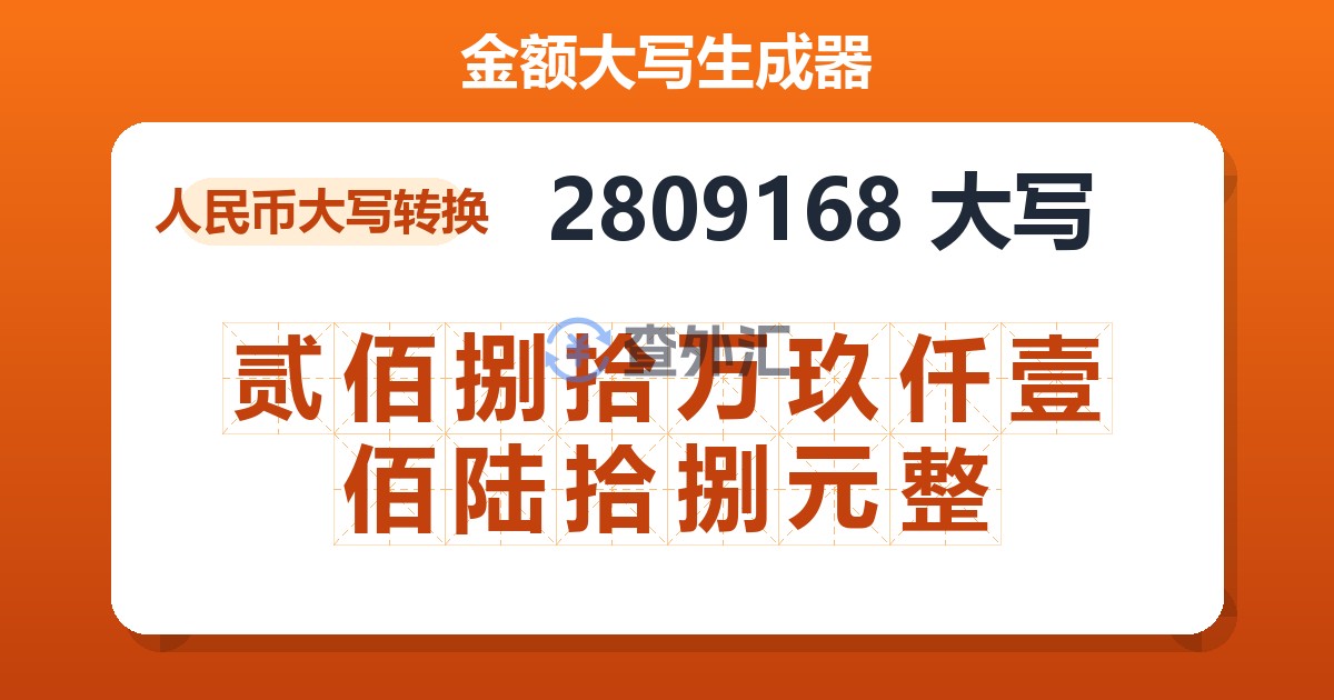 2809168大写 贰佰捌拾万玖仟壹佰陆拾捌元整