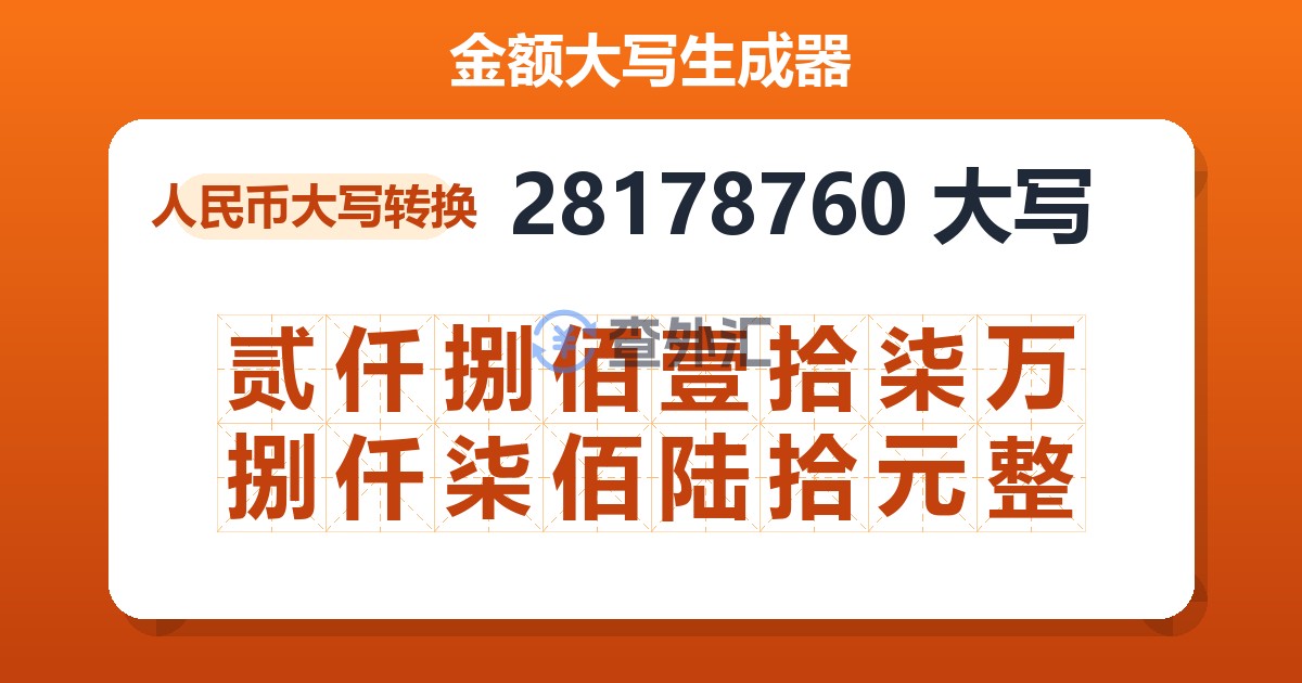 28178760大写 贰仟捌佰壹拾柒万捌仟柒佰陆拾元整