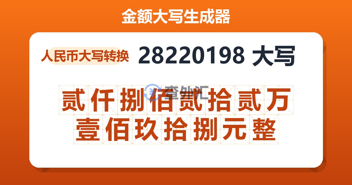 28220198大写 贰仟捌佰贰拾贰万壹佰玖拾捌元整